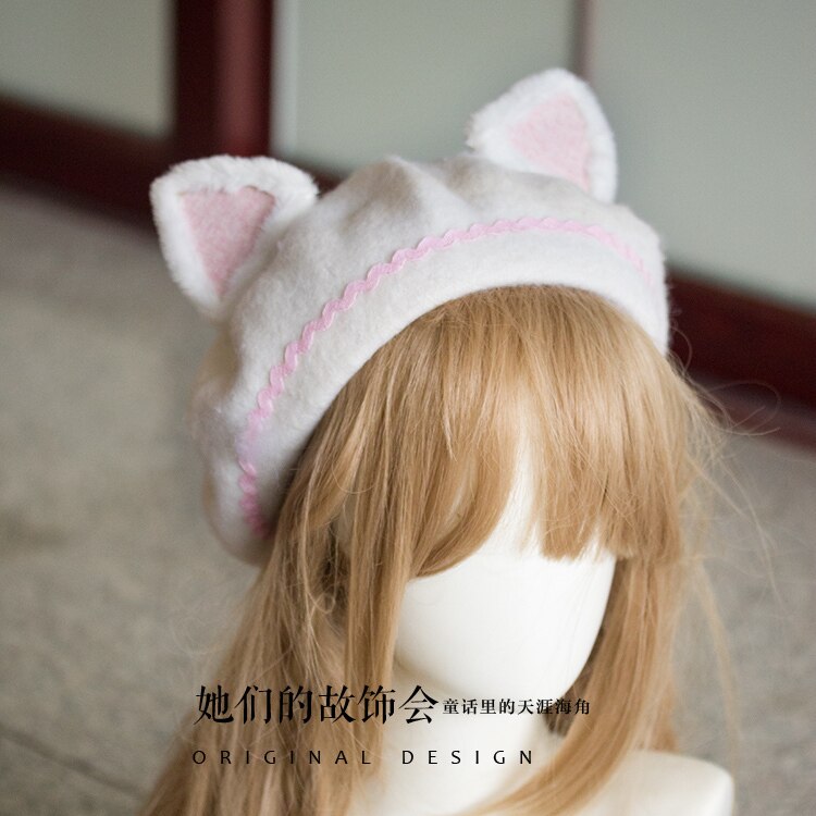 Mori Girl-boinas planas con orejas de gato para mujer, gorro de pintor de lana, Vintage, cálido, para Otoño e Invierno