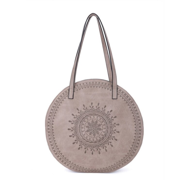 Giovanna Milano Bolso grande de playa de verano Bolso de hombro con dibujos bordados Bolsos redondos con bolsillo Interior y cremallera compartimientos abiertos de compras informal vintage bohemian mujer T11086: Khaki