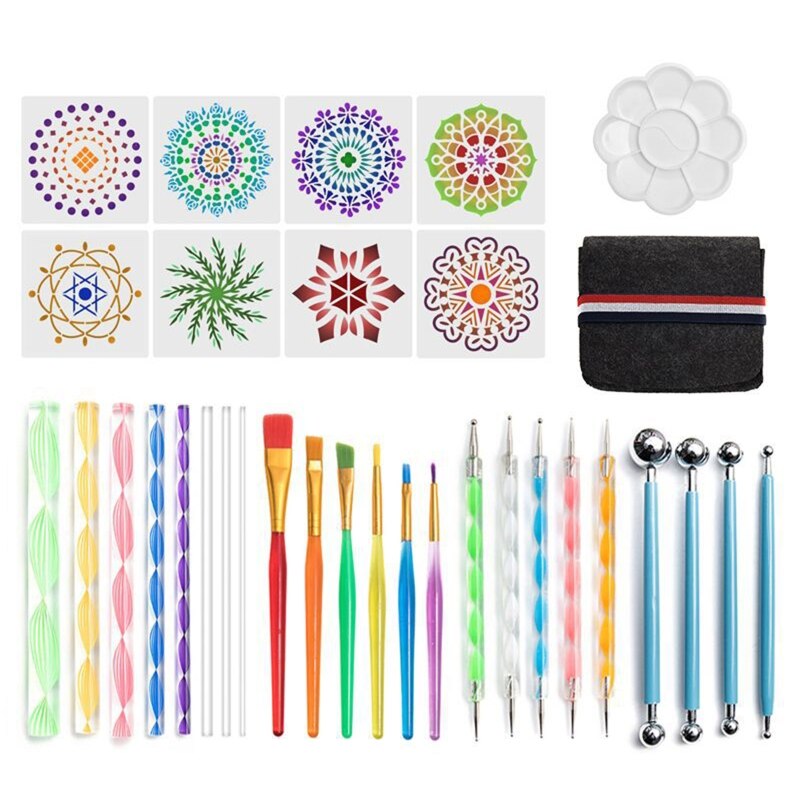 32pcs/set Mandala Dotting Tools Kit for Painting Rock Stone Acrylic Stick Stencil Template Drill Pen Palette Carry Bag