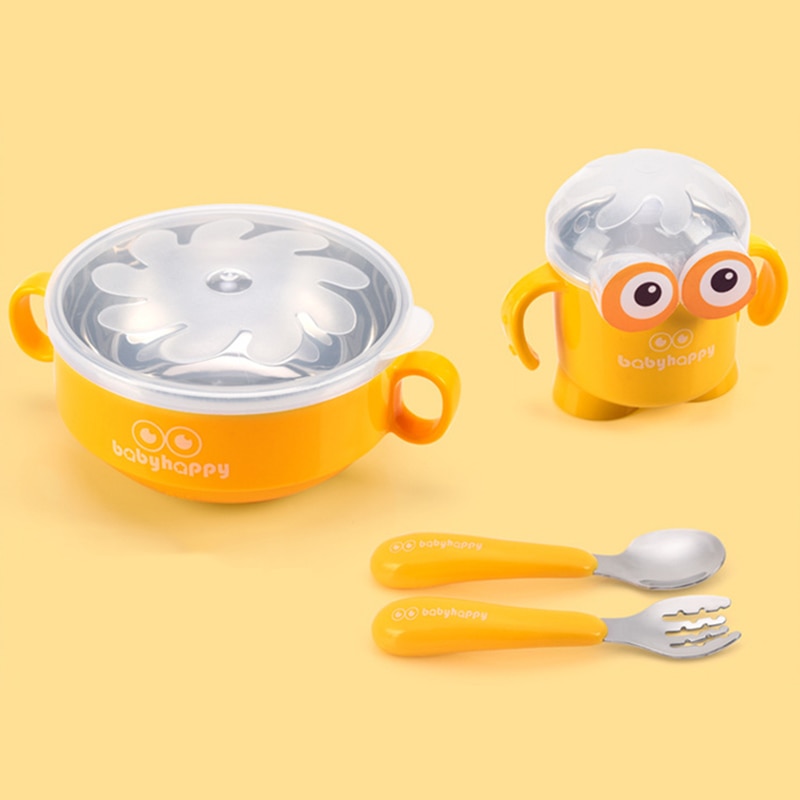 Baby servis set rostfritt stål söt tecknad barn termisk skål med kopp gaffel sked spädbarn mata barn porslin mbg 0550
