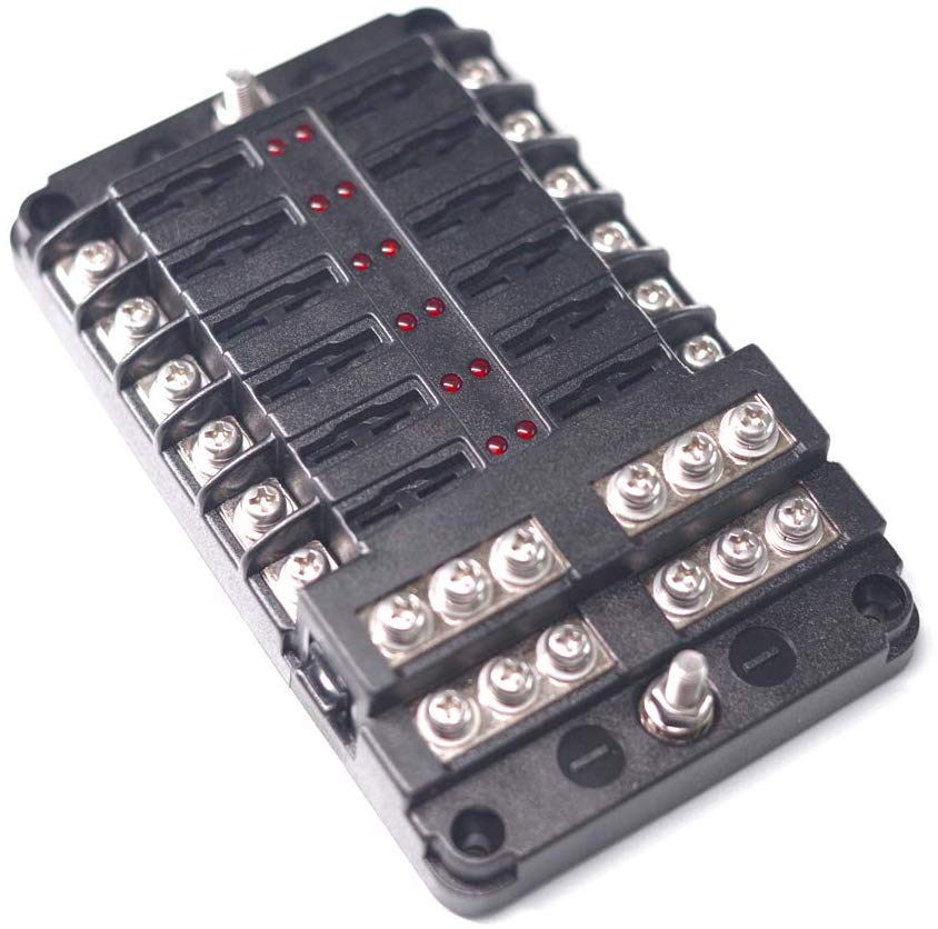 12-Way Fuse Block W/Negative ATC/ATO Fuse Box With Ground, LED Light Indicator & Protection Cover, Bolt Connect Terminal