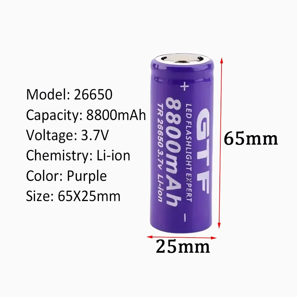 100 % neuer 26650-Akku, 3,7 V, 8800 mAh, wiederaufladbarer Li-Ionen-Akku für LED-Taschenlampe, Li-Ionen-Akku