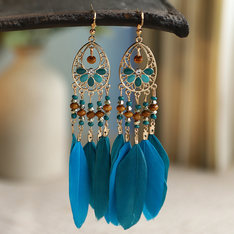 Etnische oorbellen met veren, damessieraden, bohemian zomerse metalen oorbellen met lange kwastjes, indiase sieraden: Dx031-2
