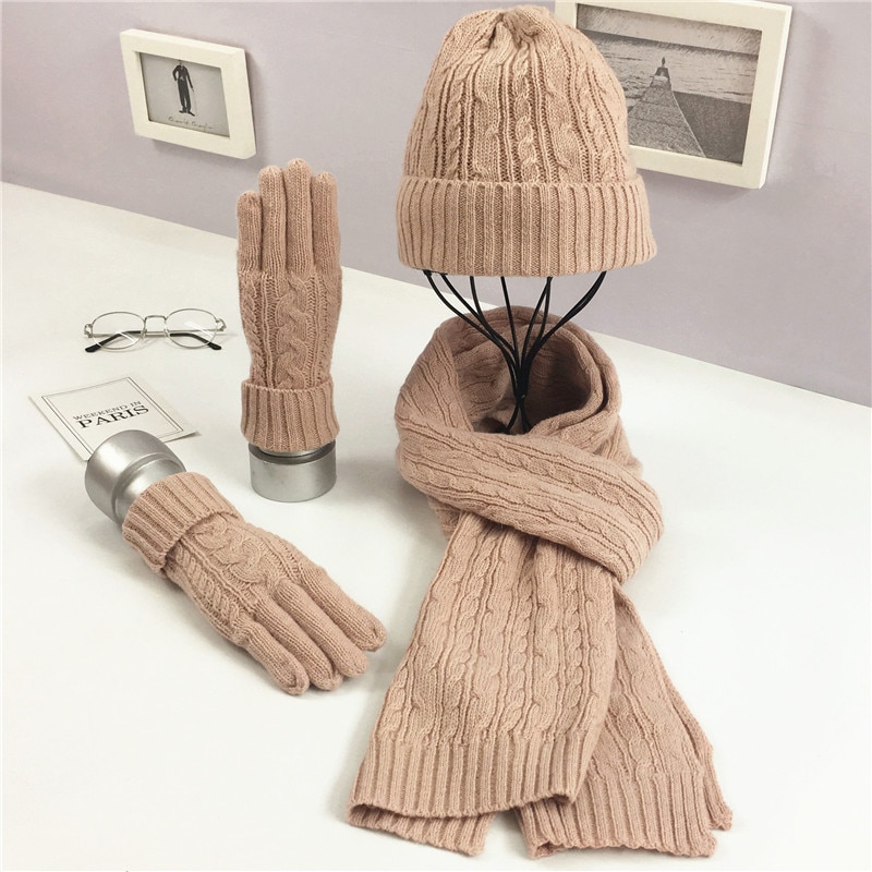 3 pcs Set Winter Knitted Hat Scarf Gloves for Women Beanie Ladies Knitted Scarves Women Winter Clothing Accessories Suit