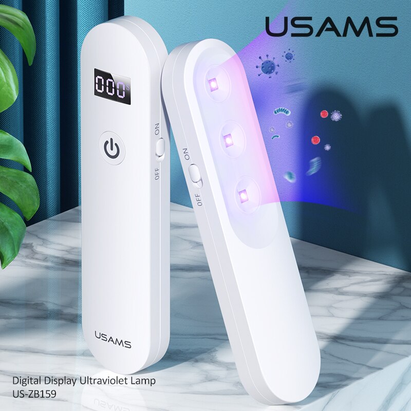 Usams handheld lâmpada de esterilização hd led luz ultravioleta lâmpada uvc + uva máscara desinfecção lâmpada portátil telefone uv lâmpada esterilizador