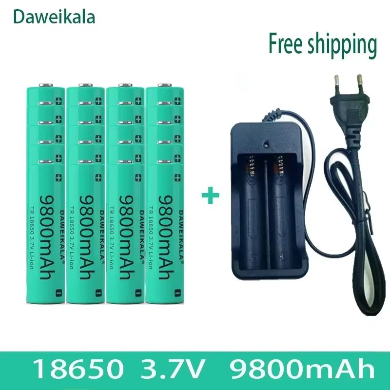 18650 3.7V 9800mAh Li-ion Battery - with Charger for Flashlights | High Capacity & Long Cycle Life: Brown