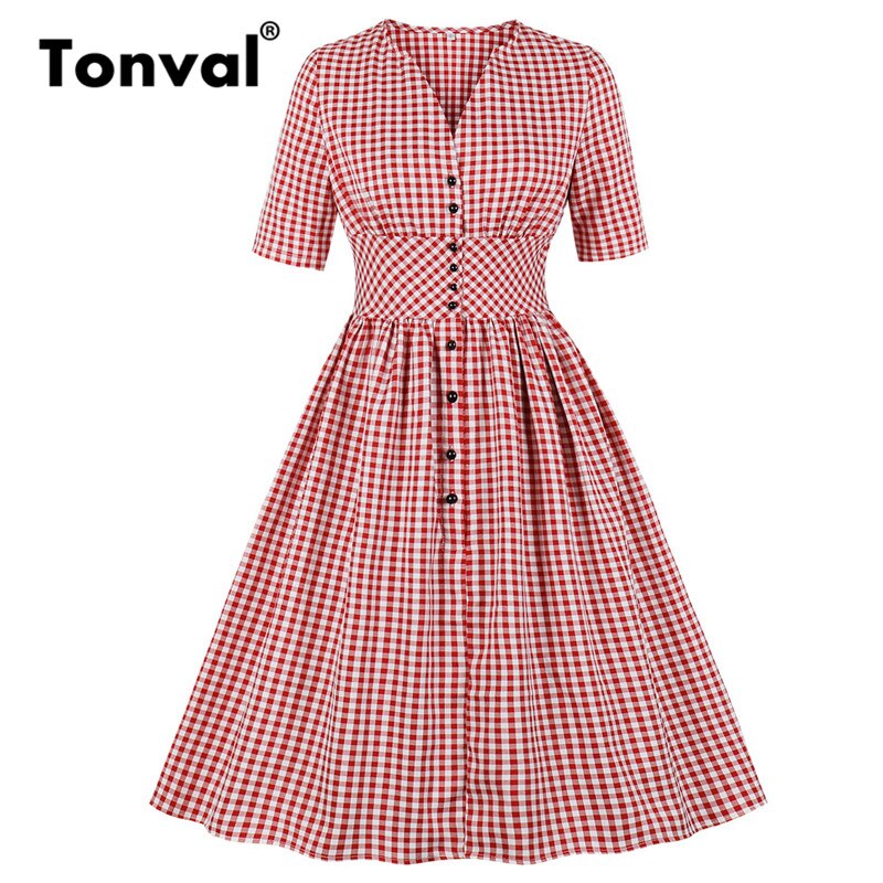 Tonval retro hög midja röd rutig enkelknäppt tunika veckad klänning dam v-ringad halvärm vintage klänningar med ginghamtryck