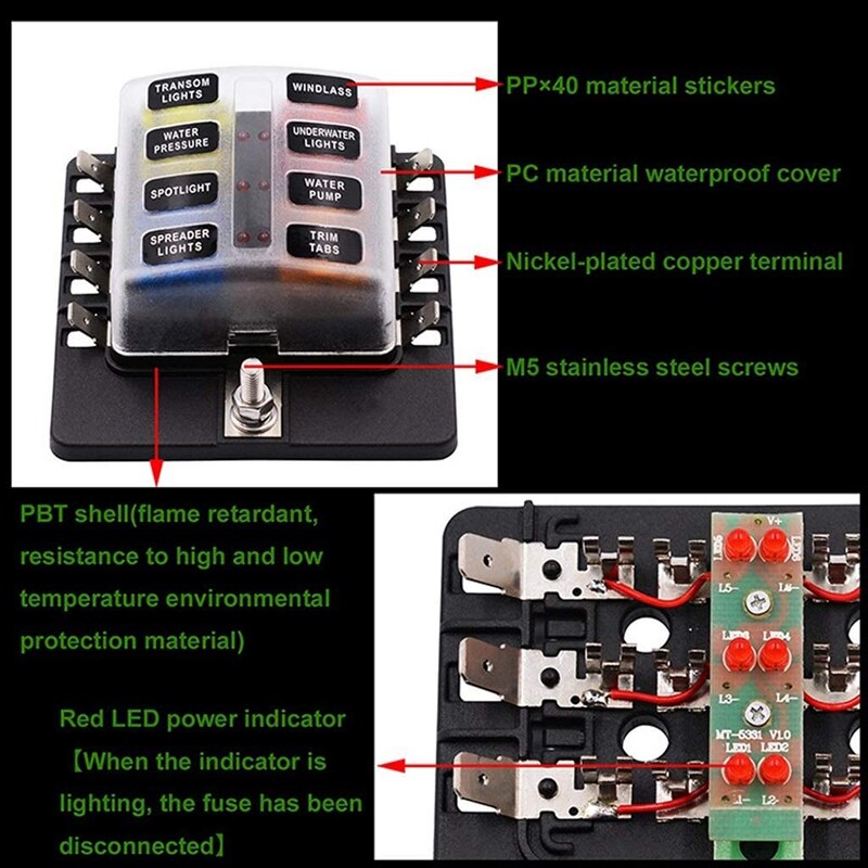 Voor Auto En Marine Zekeringkast Houder, 8-Way Plug Type Met Led Indicator, voor Auto En Marine Gebruik