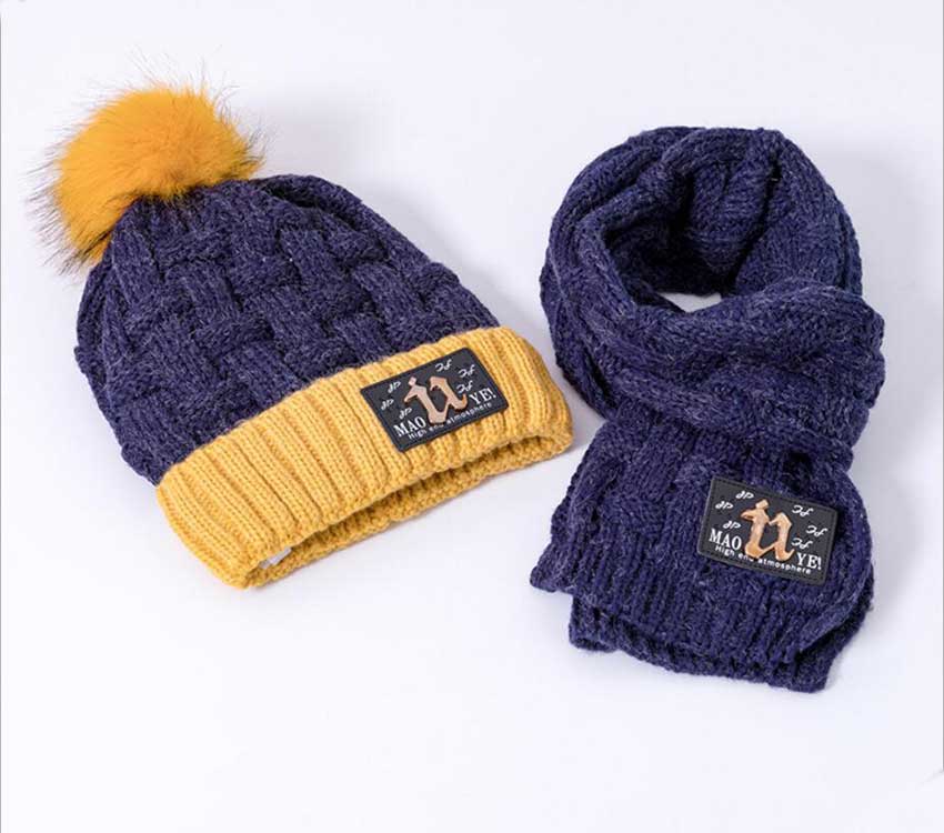 Vinter tjej mössa och halsduk set för barn barn stickade mjuka stretch kabel mössor halsdukar pojkar pompom keps halsdukar varm kostym  m7118: Marinblå