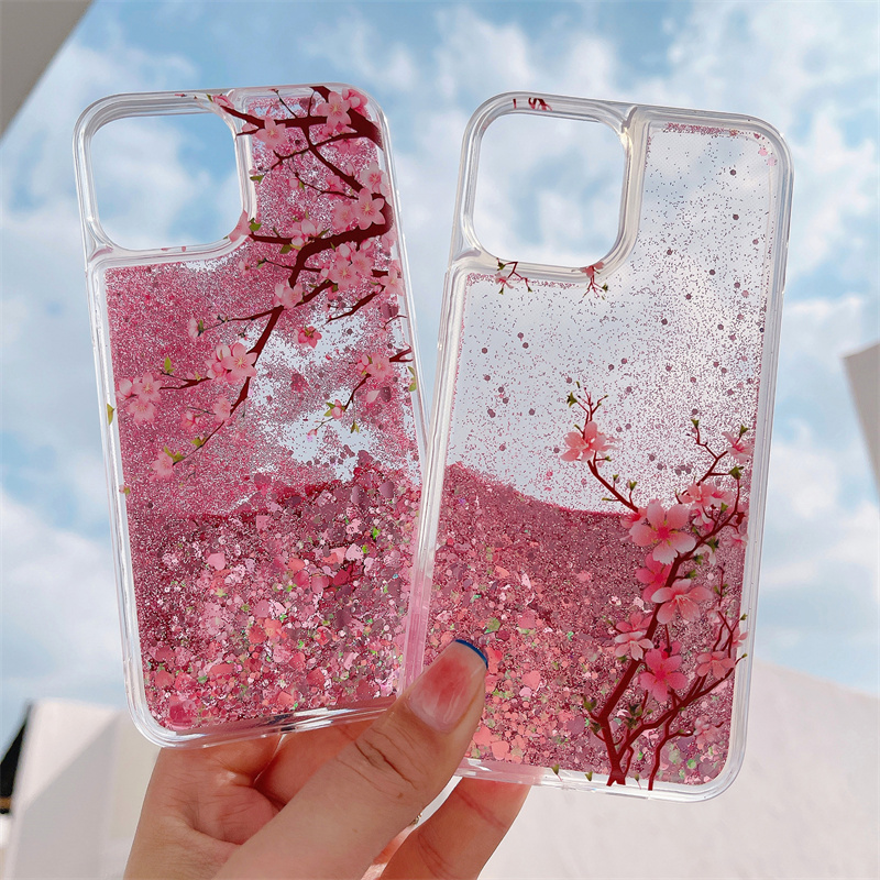 Pink Peach Blossom Quicksand Case for iphone 16 15 14 13 Pro Max 12 Love Hearts Sparkles Liquid Cover Up Down Flowers Funda Capa