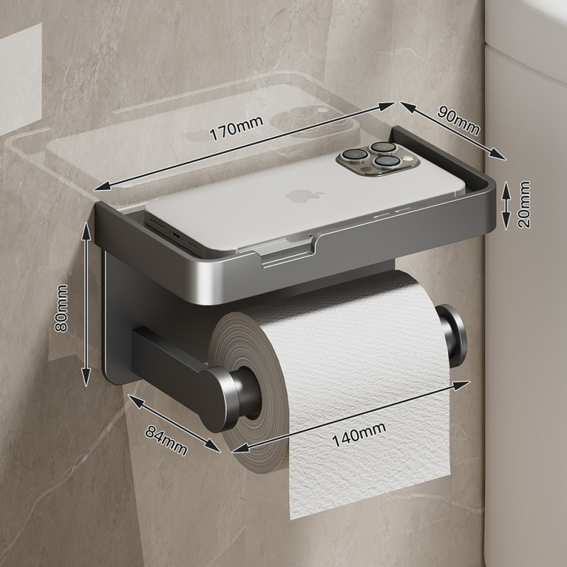 Portarrollos de pared grande con bandeja de almacenamiento, organizador de inodoro, soporte para teléfono, accesorios de baño: Blanco