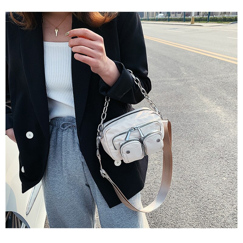 Solid Pattern Nylon Crossbody Bags For Women Mini Black Shoulder Messenger Handbags Female Chain Phone Multi-pocket Purses