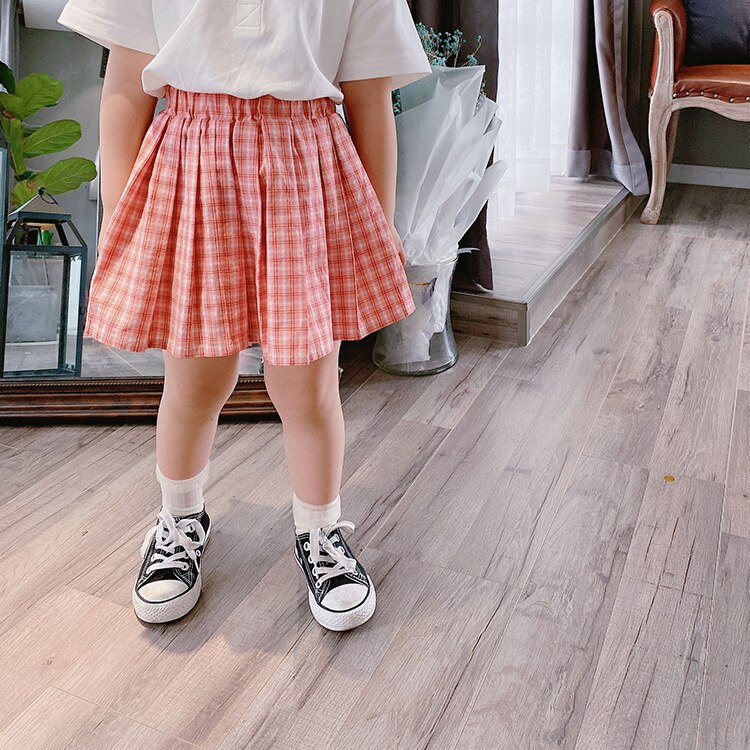 Summer cute girls plaid pleated skirts kids cotton 2 colors skirt: Pink / 2T