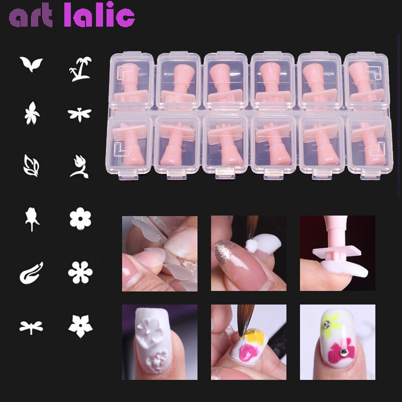 12 Teile/satz 3D Acryl Nagel Tipps Schimmel Briefmarken Vorlagen Blume Schmetterling Kokosnuss baum aufbringen Stanzen Nagel Kunst mit Kasten