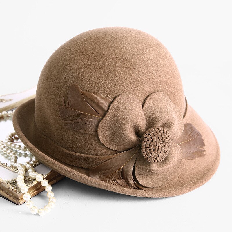Beckyruiwu up-turn brim flower 100%  uldfilt hatte dame banket formel uld fedora hat