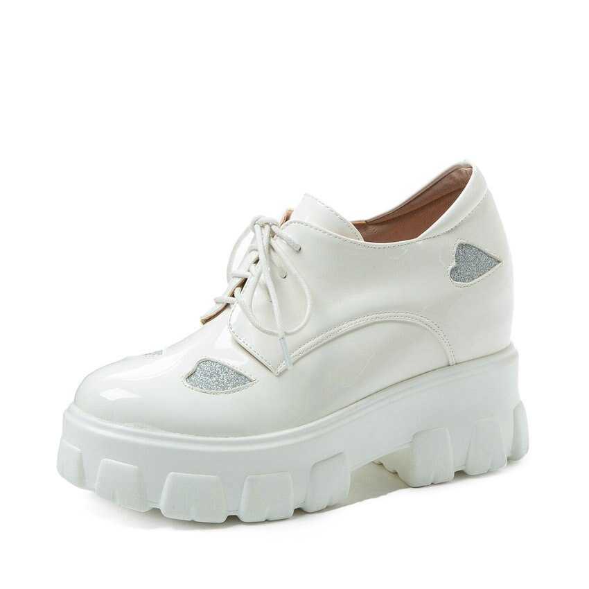QUTAA 2021 PU lakierki klinowe szpilki na co dzień kobiety buty platformy wiosenno-jesienne zasznurować eleganckie damskie pompy rozmiar 34-43: WHITE / 41