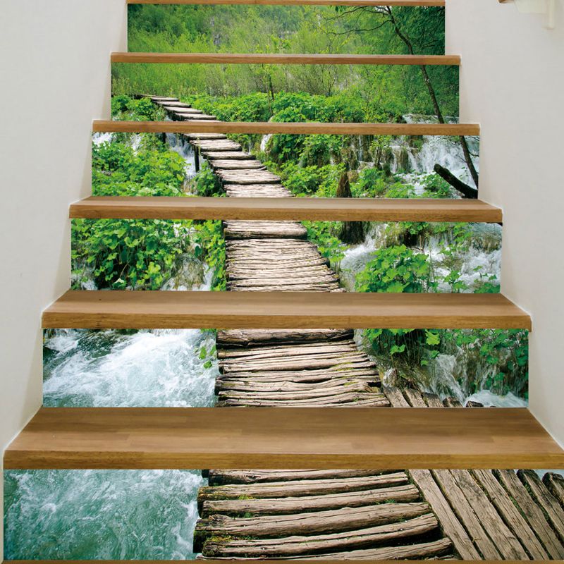6pcs/set 3D Wood Bridge Staircase Stair Riser Floor Sticker Self Adhesive DIY Stairway Waterproof PVC Wall Decal Home Decor