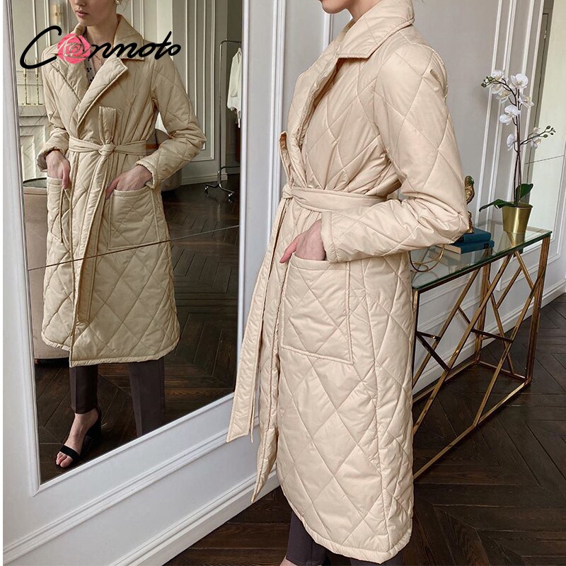 Conmoto Lange Rechte Jas Met Ruit Patroon Casual Sjerpen Vrouwen Winter Parka Diepe Zakken Maat Kraag Stijlvolle Bovenkleding