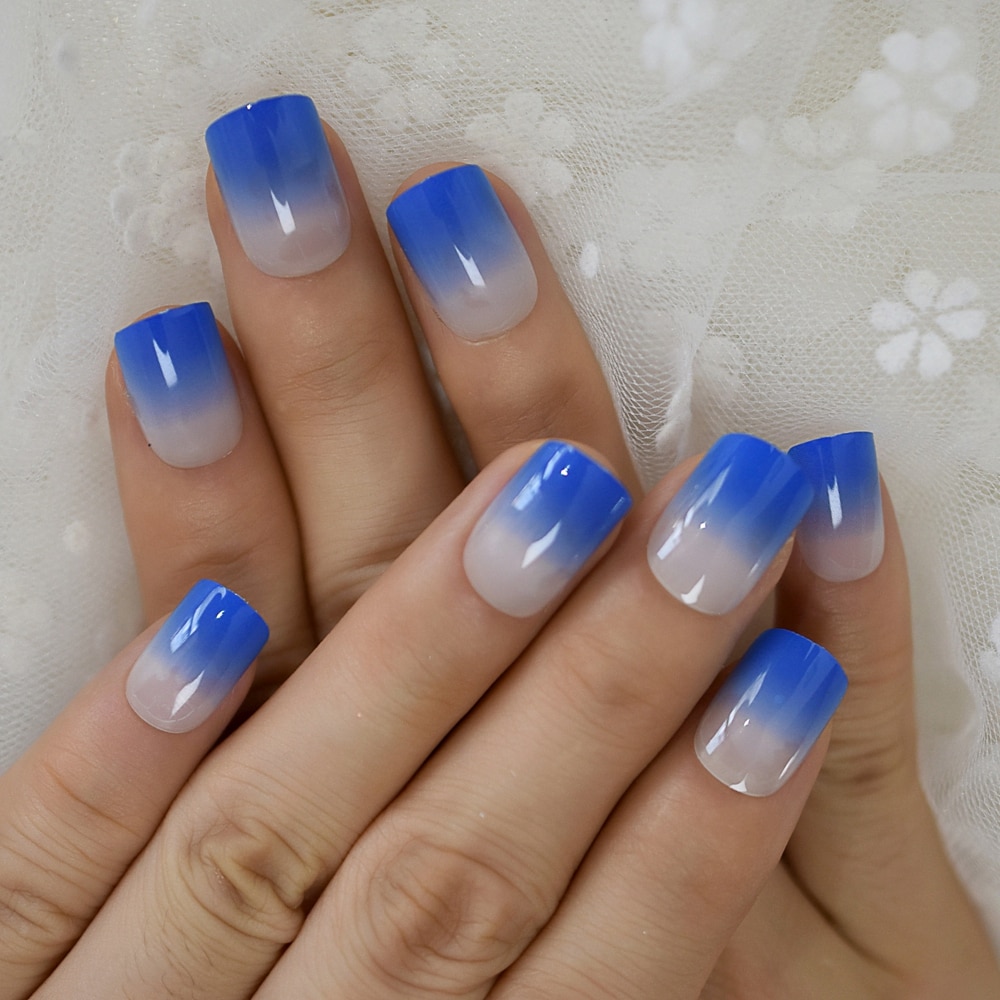 Faux-ongles pour French manucure, bleu diamant, Ombre, à pression, carré brillant, par les dames, 24 Ct