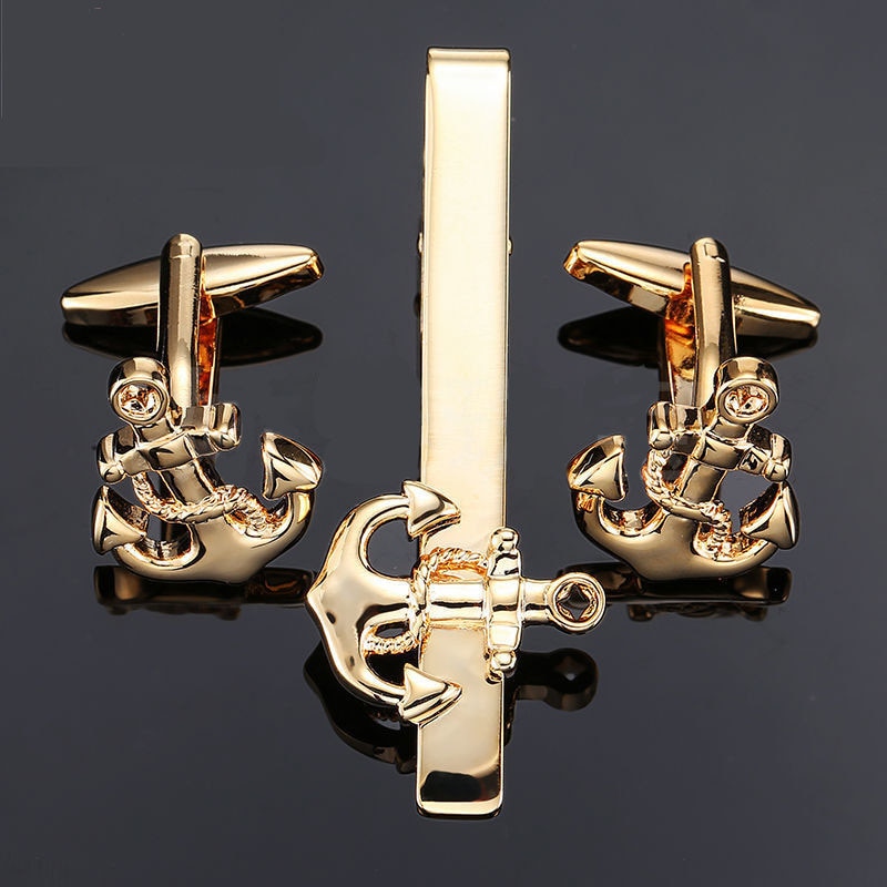 French Cufflinks Sets High Copper Material Men&#39;s Business Jewelry Golden Anchor Cuff Links Tie Clip Set: Gold-color