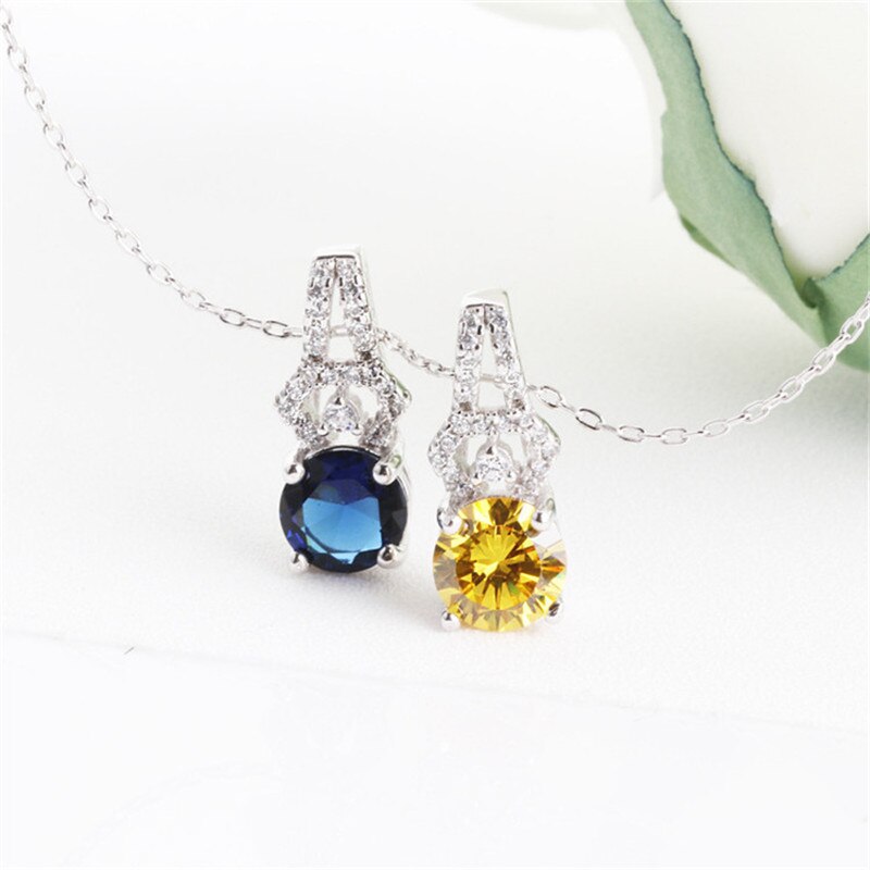 CC Trendy Jewelry Necklaces Pendants For Women Silver 925 Cubic Zirconia Round Blue/Yellow Stone Bijoux Femme No Chain CCN259