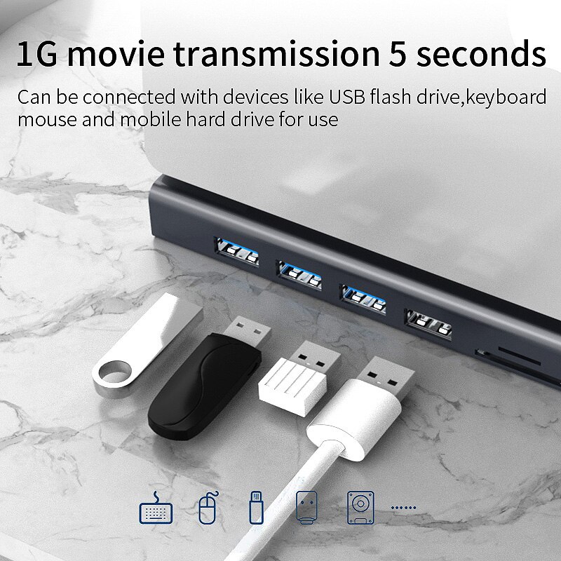 11 in 1 USB C Hub /Type C Data Hub With 11-Port 4 USB 3.0 +4K HDMI +TF +SD +Type C PD +RJ45+VGA+ 3.5MM o Ports