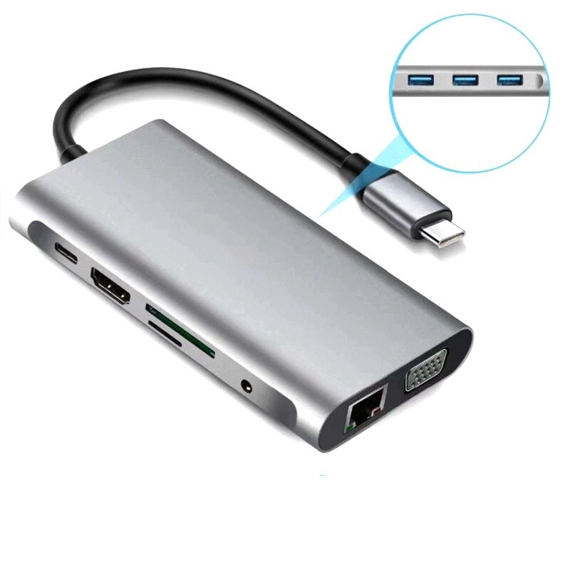 10In1 Type C Hub 3.0 Usb Hdmi Vga Usb Hub Voor Pro Accessoires Usb Splitter Multi 10 Poorten Usb C Hub Docking Adapter