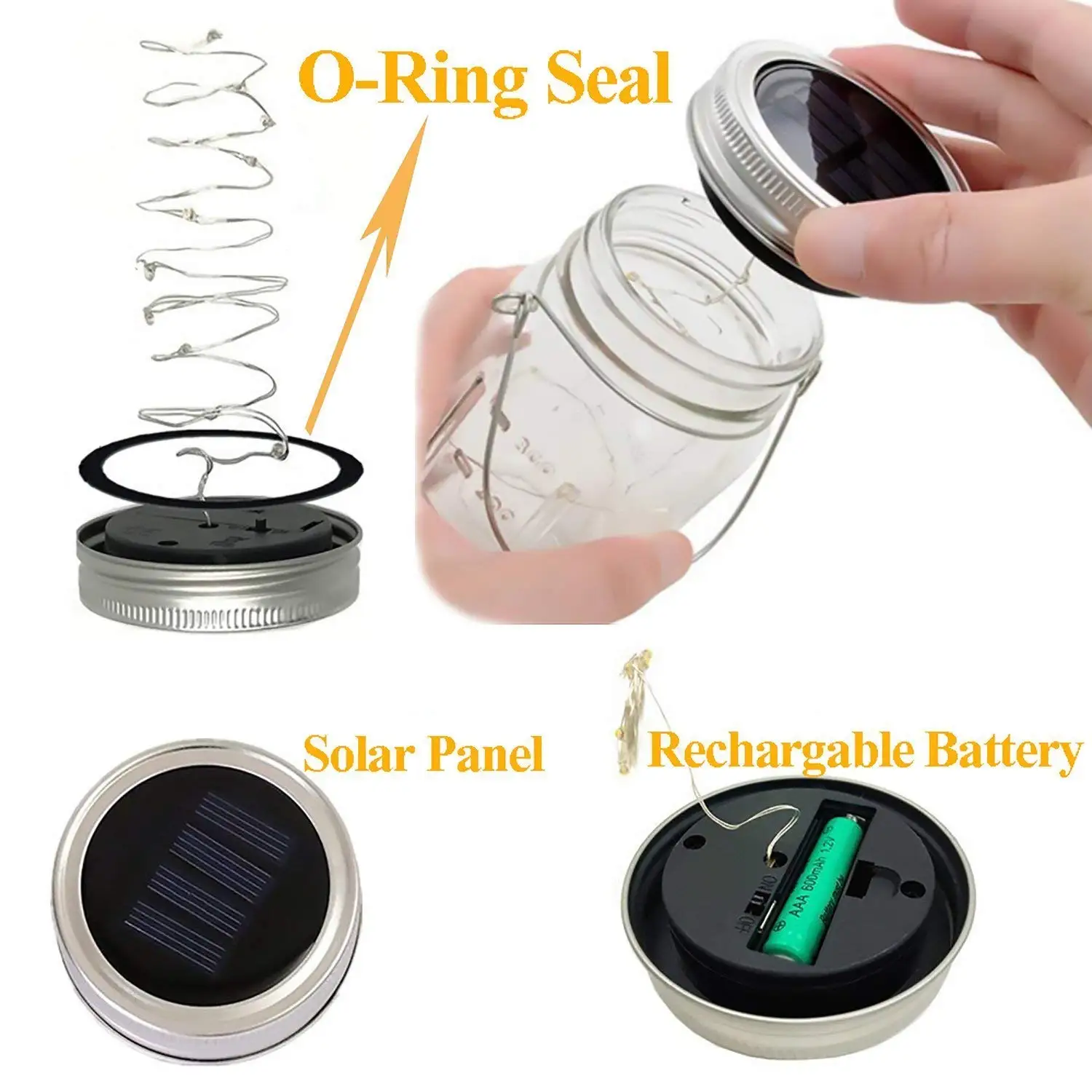 Solar--Einmachglas-Lichter mit 8 Griffen, 10 LED-Lichterketten, Feen-Solarlichter, Deckel, Glas-Dekoration, Garten, Party, Weihnachtsdekoration