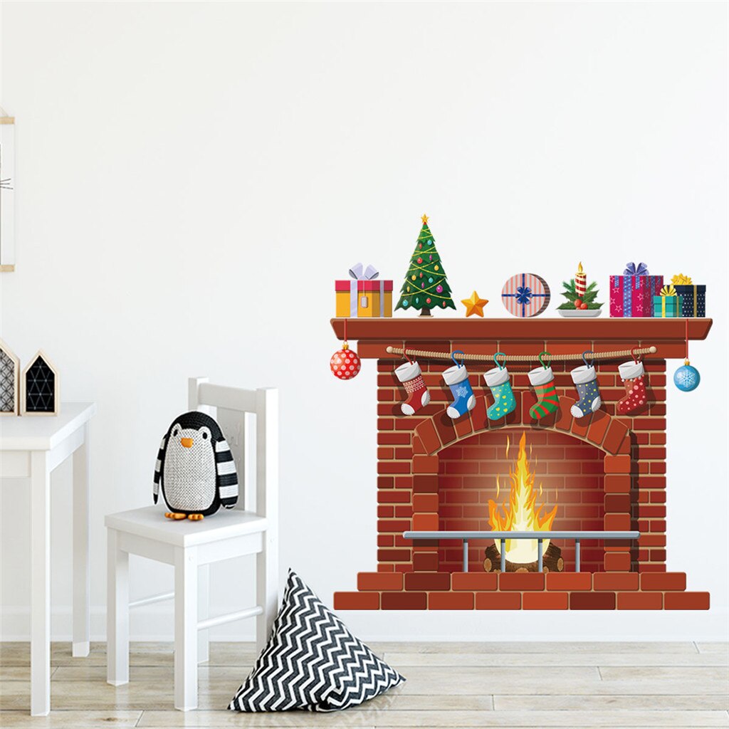 Cheminée de noël imprimer Stickers muraux Mobile Stickers muraux décoratif mur fenêtre décoratif mur Art papier peint 30