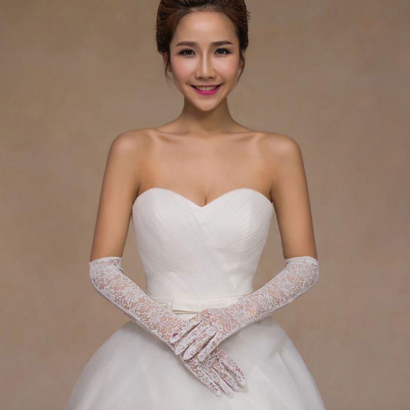 Trouwjurk Accessoires Charm Bridal Handschoenen Wit Kant Met Vinger Lange Handschoen Elegante Dame Bruid Prom Sieraden