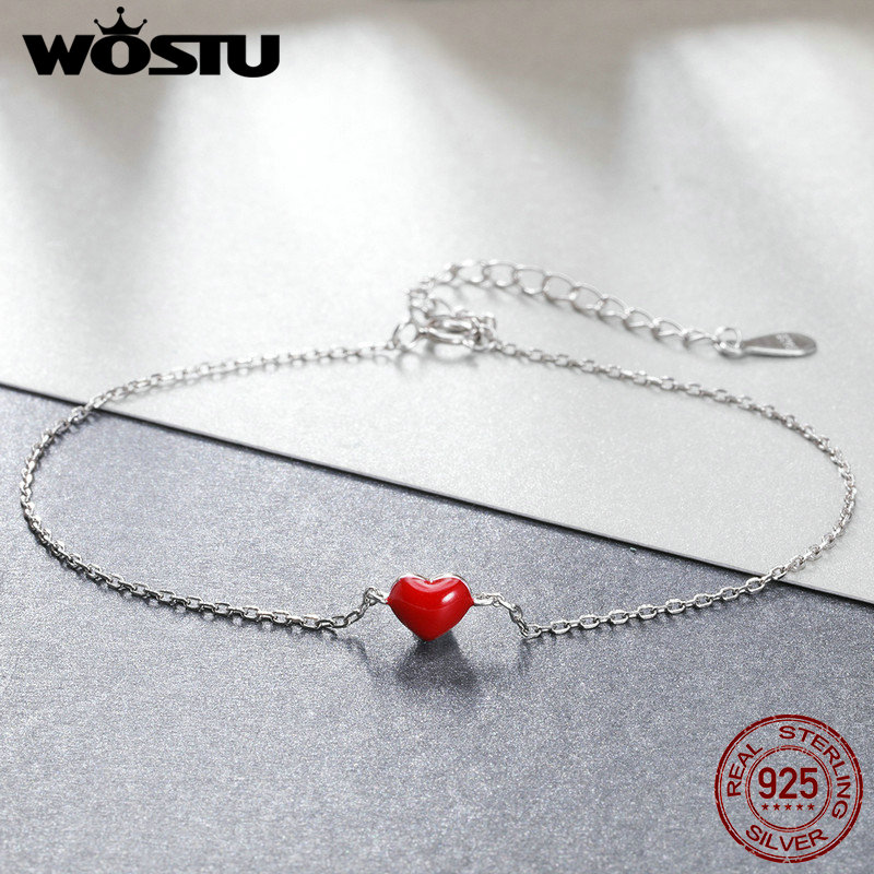 WOSTU Trendy Real 925 Sterling Zilver Emaille Rood Hart Ketting Armband Voor Vrouwen Authentieke Silver Party Fine Jewelry CSB016