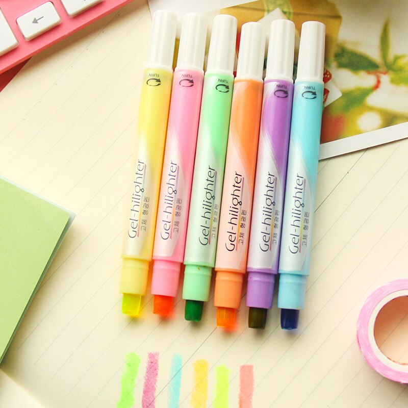 6 farger highlighter trender flat jelly solid tusj fargerik skrivemaling penner kontor skole merke