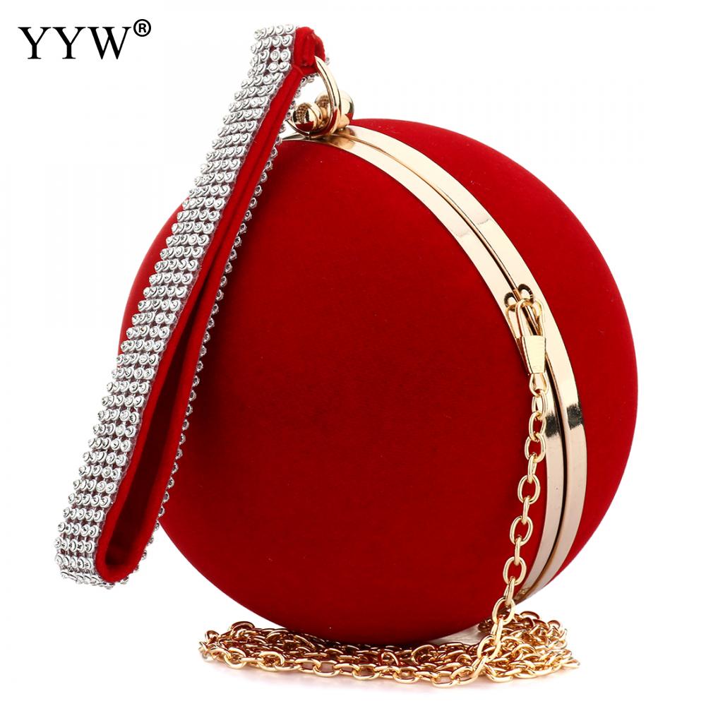 YYW Unique Velvet Iron-On Lady Handbag Red Shoulder Clutch Bag Spherical Evening Bags Small Purse Chain Shoulder Bolsos Mujer