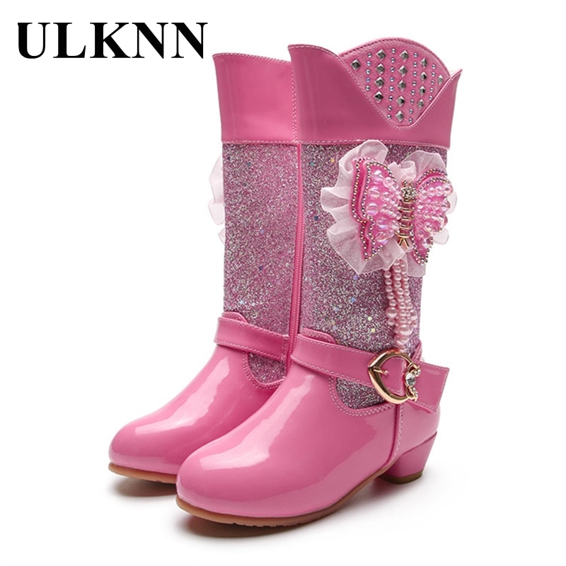 ULKNN bottes en cuir pour filles enfants talons hauts mignon Bow rose princesse chaussures 4-16 ans étudiants décontracté bout rond