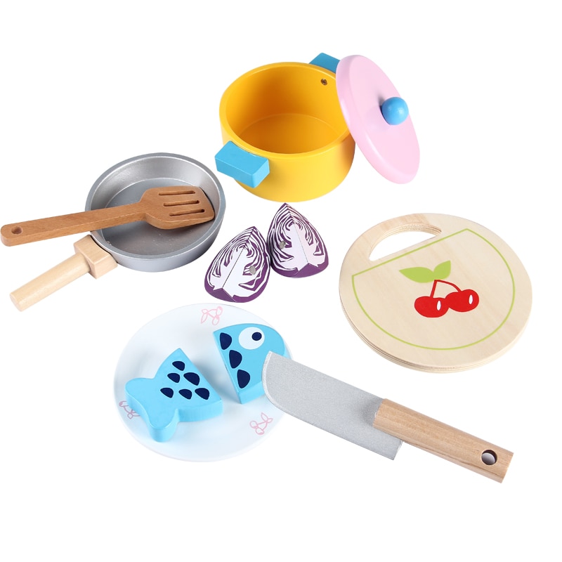 Simulazione del bambino bambola Combinazione Pentole Verdura/Pesce Piatto Caldo Giocattoli di Legno Gioca Cucina Cibo Taglio Prentend Gioca Cibo Compleanno Seme regalo