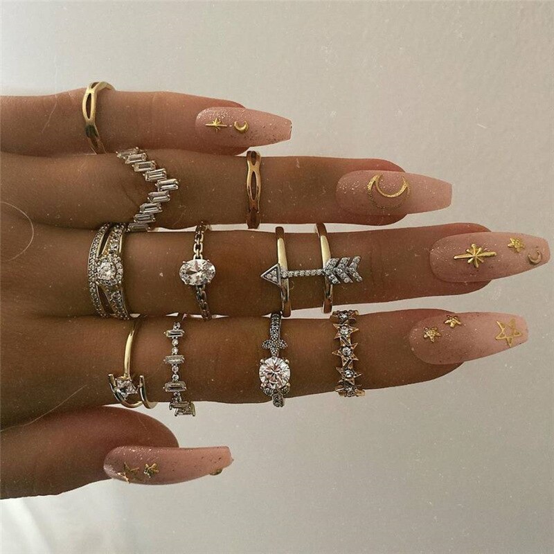 10 pezzi/pezzo anello da donna in acciaio inossidabile oro Set cristallo Vintage estetico regalo gotico Boho punta delle dita anello gioielli di moda