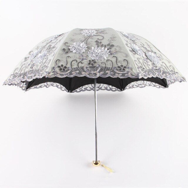 Blomster broderi blonder regn parasol til kvinder bærbar 3- fold uv dobbeltlags paraply udsøgt parasol til kvinde