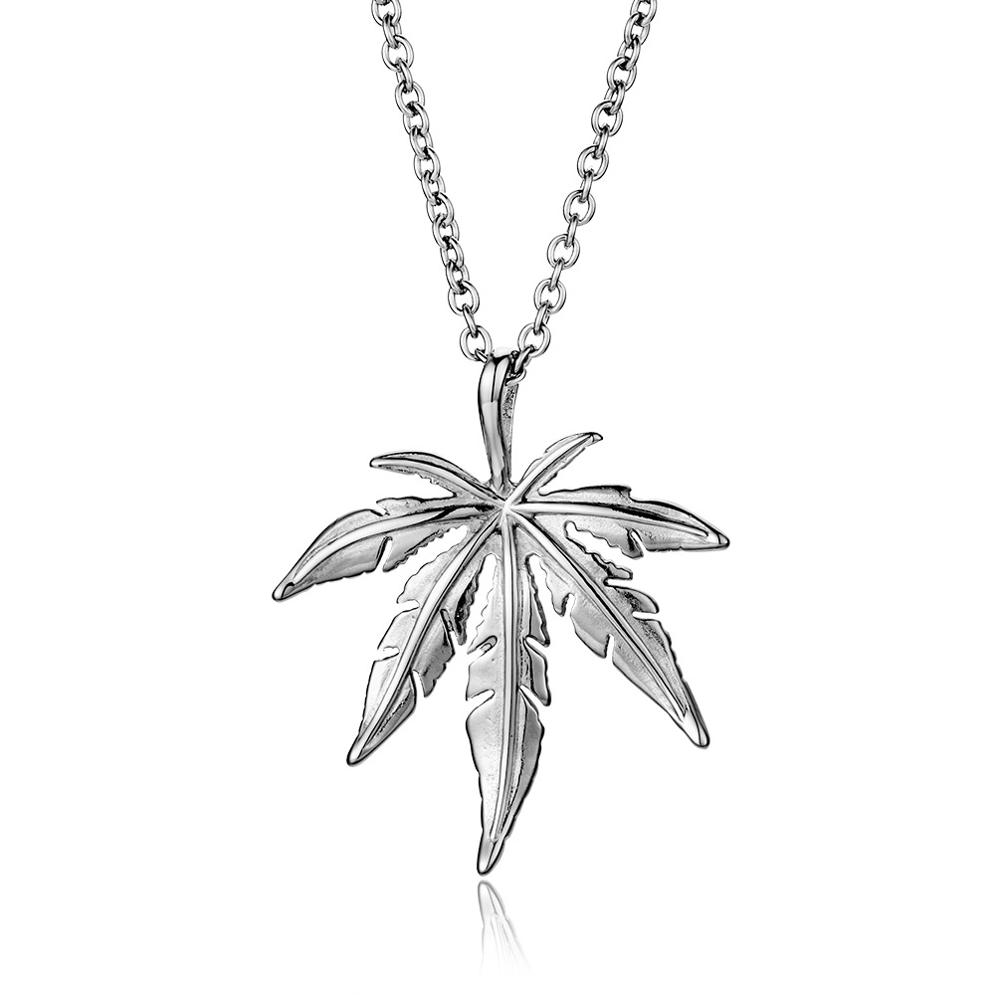 Boutique Titanium Steel Maple Leaf Necklace Trendy Women & Men Korean Sweater Chain Pendant Hip Hop Hemp Leaf Pendant: Silver