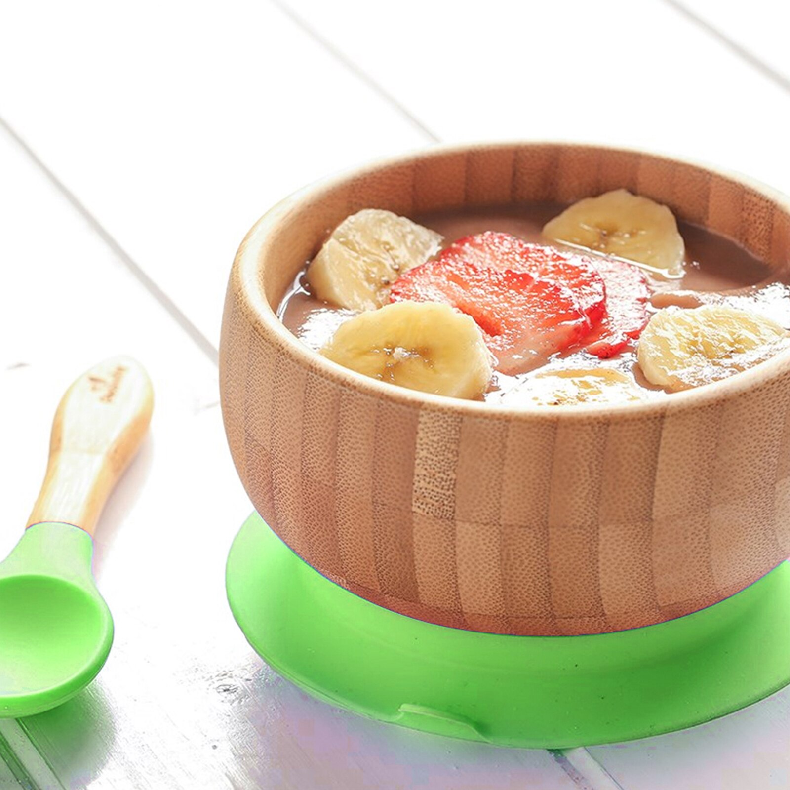Cuchara de tazón para bebé, cubiertos de alimentación de bambú, inferior de succión libre de BPA, utensilios ecológicos para niños, vajilla de entrenamiento para bebé