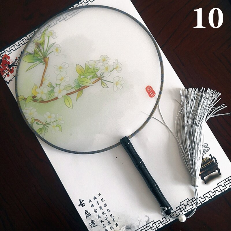 Hanfu Circular Fans Vintage Tassel Long Handle Ancient Chinese Style Court Dancing Round Fan Classical Printed Wedding Round Fan