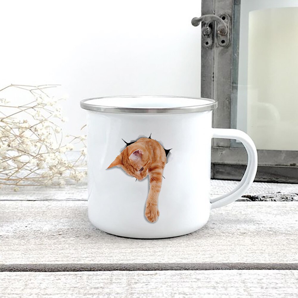 Kreative 3d Druck Katze Emaille Kaffee Tee Becher Hause Frühstück Nachtisch Milch Hafer Tassen mit Griff Wasser Becher für Liebe katze Menschen: XH2904-A015WH-8