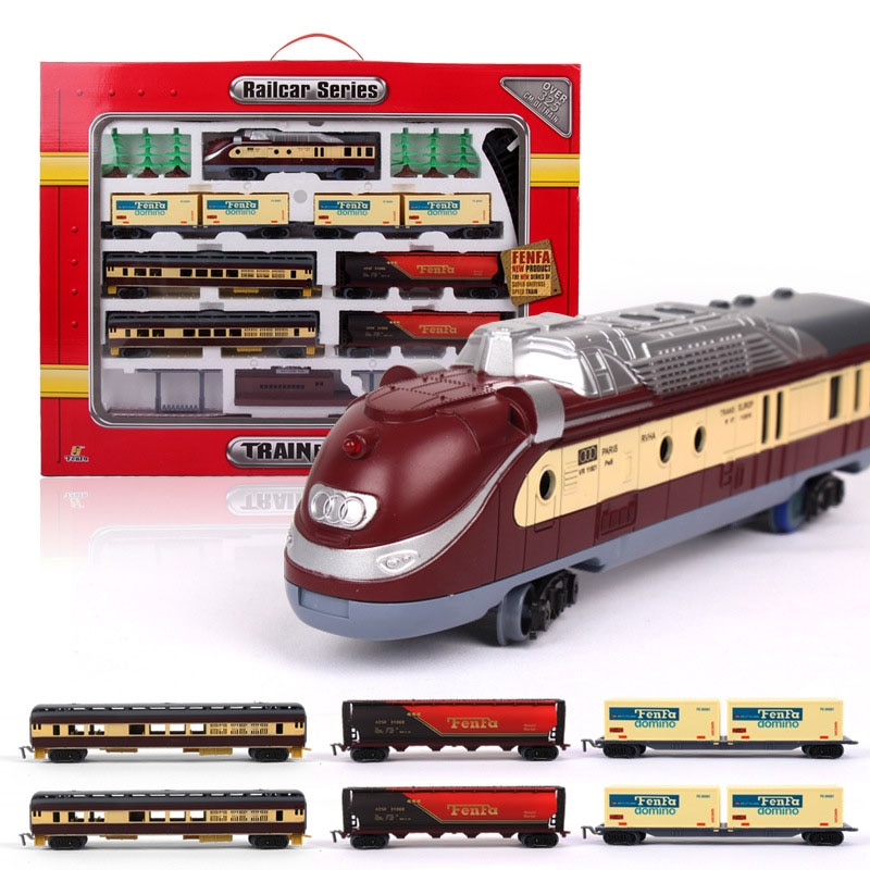 Klassieke Elektrische Licht Trein Spoor Set Fenfa Moderne Klassieke Gemonteerd Muziek Trein Rail Auto Simulatie Model Auto Set Speelgoed