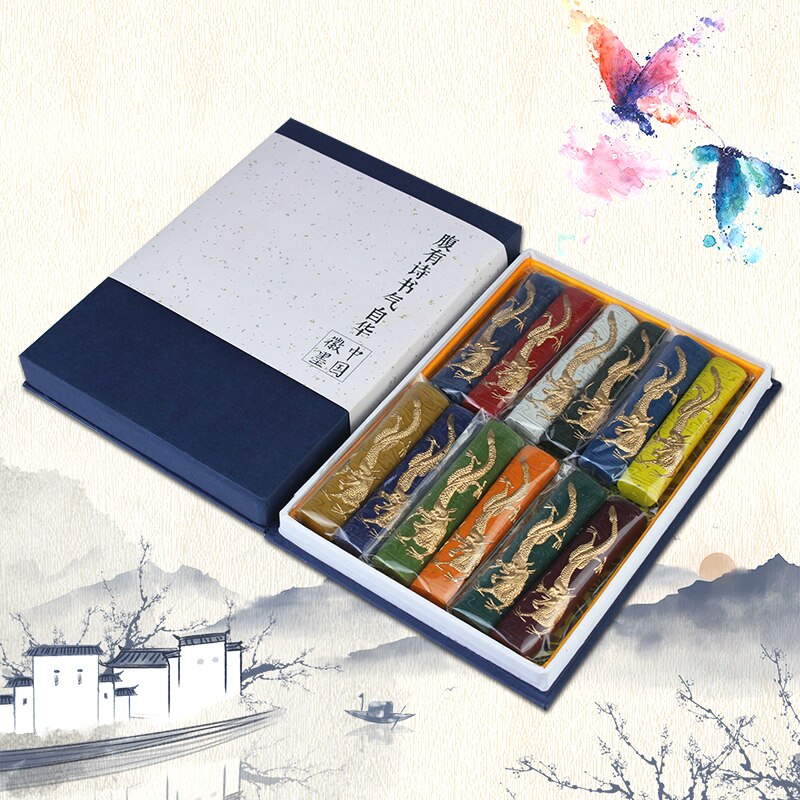 Mineral 12 Color Ink Stick Set Chinese Painting Calligraphy Ink Stone Watercolor Painting Stone Dragons Pattern Ink Grinding Set