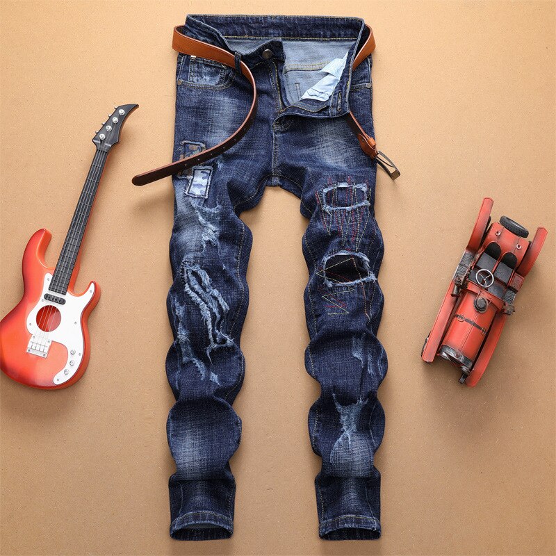 Heren jeans slank gat skinny gerafelde streetwear denim broek hiphop jeans heren gescheurde kokerbroek: 29