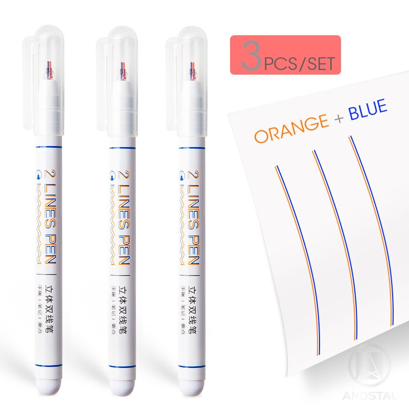 Andstal 2 linjers kuglepen sæt 0.5mm doule line art markør pen fine liner markører fineliner farve blæk tegne scrapbog journaling penne: 3 stk blå x orange