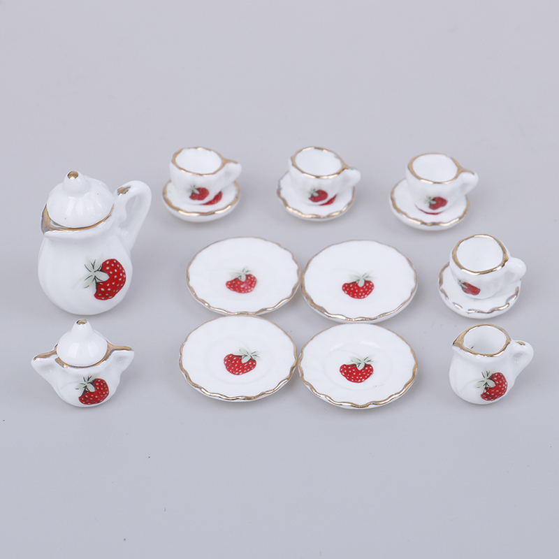 4 patronen 1:12 Miniatuur 15Pcs Porseleinen Kopje Thee Set Sits Bloem Servies Keuken Poppenhuis Meubels Speelgoed Voor Kinderen