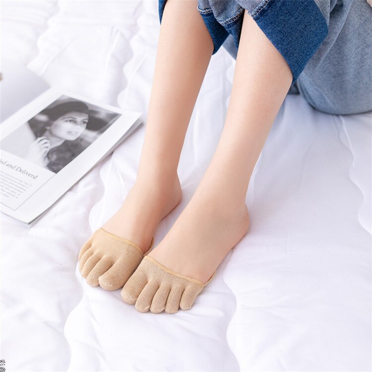 Kvinder bomuldssvamp silikon silikone meias skridsikker foring hælfri liner usynlig forfod pude fodpude høje hæle sokker: Fuld finger