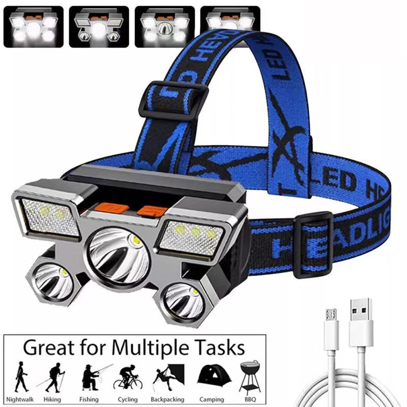 USB wiederaufladbare Stirnlampe, tragbar, 5 LED-Scheinwerfer, eingebaute Batterie, Taschenlampe, tragbar, wasserdicht, Angeln, Camping, Kopflicht