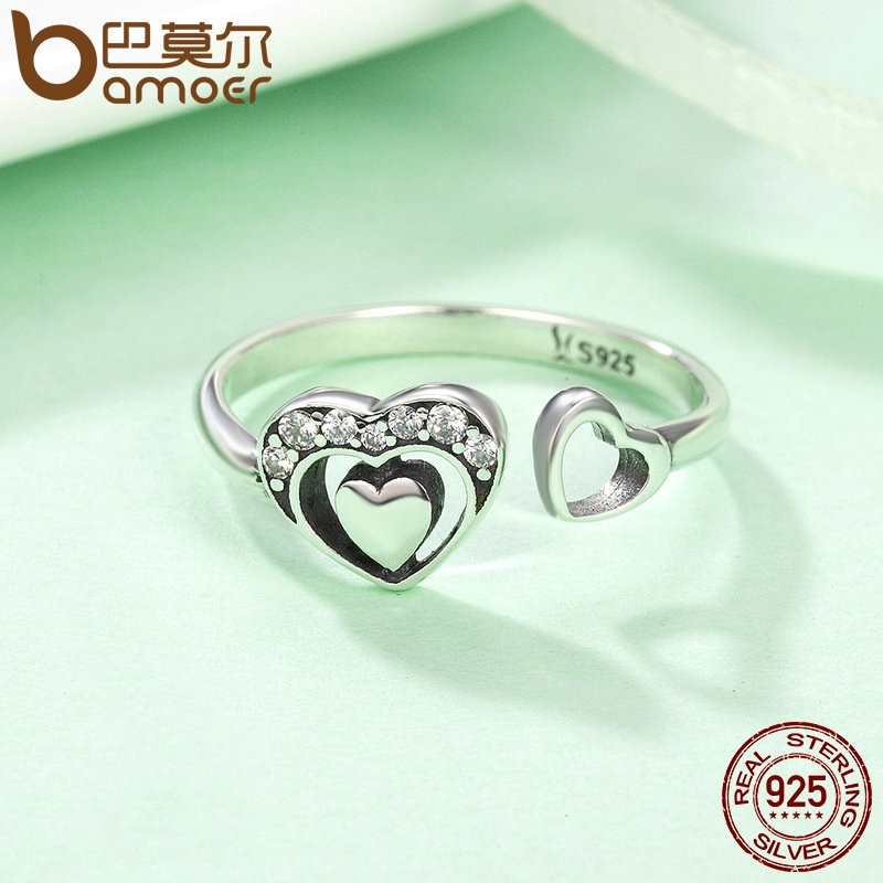 BAMOER 925 en argent Sterling coeur en coeur pavé CZ ouvert bague en cristal anneaux pour les femmes authentique argent bijoux SCR168