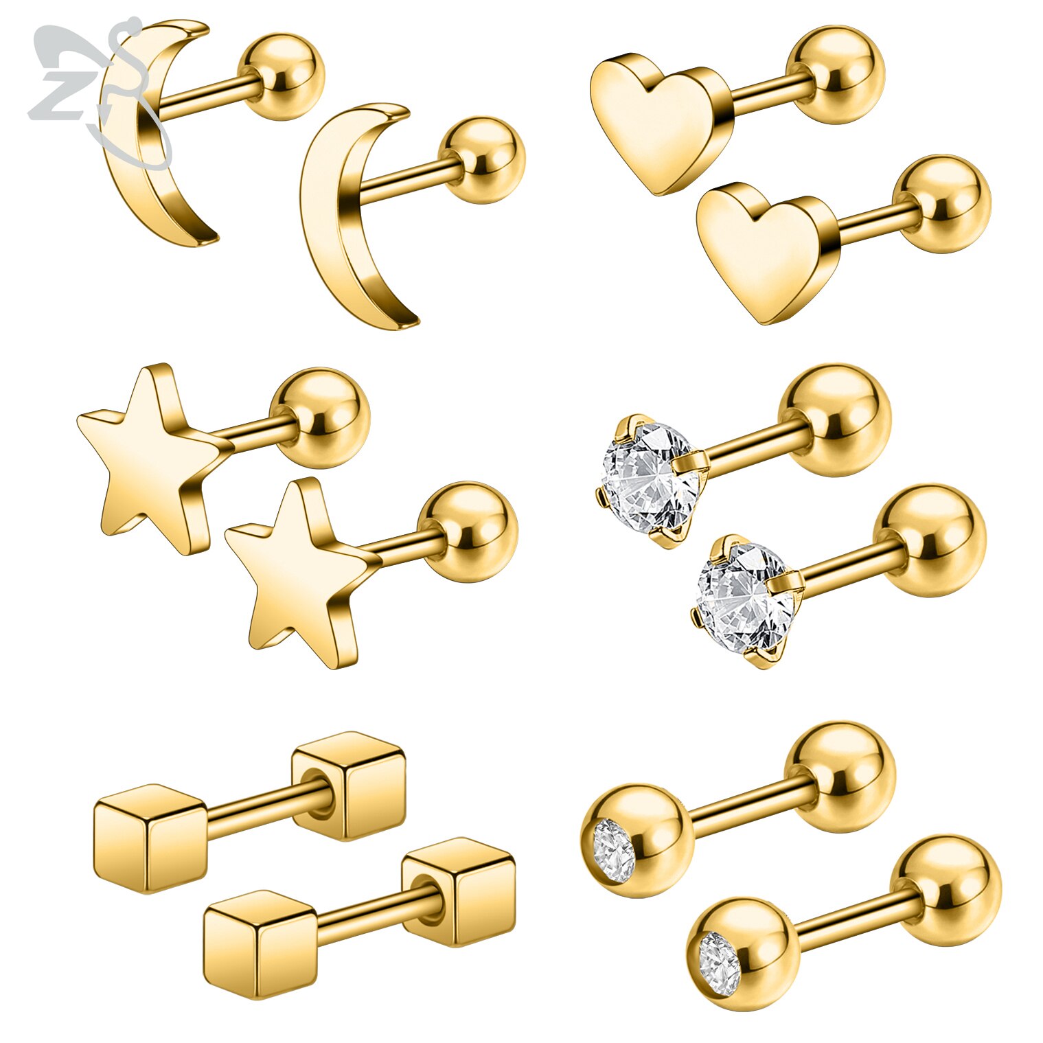 ZS 4-9pairs/lot CZ Crystal Stud Earring Set 3 Color Round Heart Star Stainless Steel Ear Helix Tragus Cartilage Piercing Jewelry: Style 1-Gold